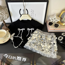 女童夏装新款套装2025儿童韩版短袖T恤女宝宝网红时髦亮片裙两件
