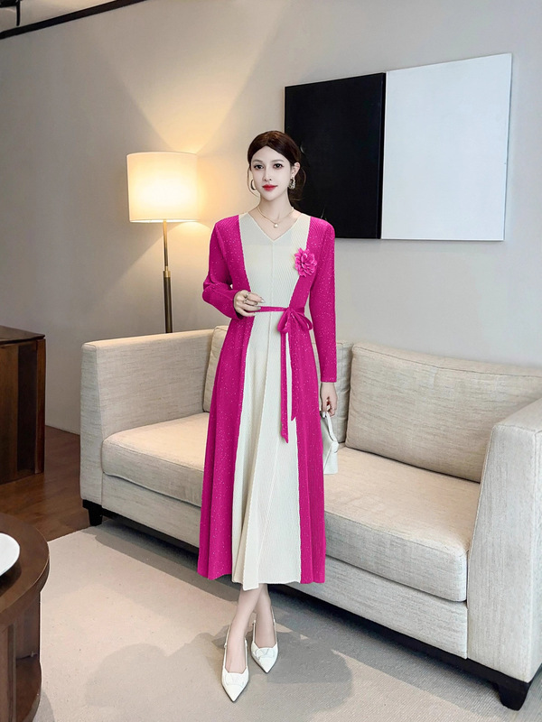 优雅撞色拼接褶皱连衣裙女 收腰系带显瘦气质中长裙|undefined