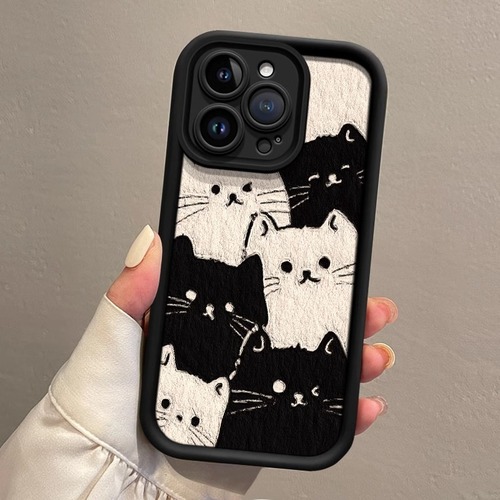 Screen-Filling Black and White Cartoon Cat Phone Case for Xiaomi 15 Pro, Redmi K80 Lanyard, NOTE 13 Stereo Relief