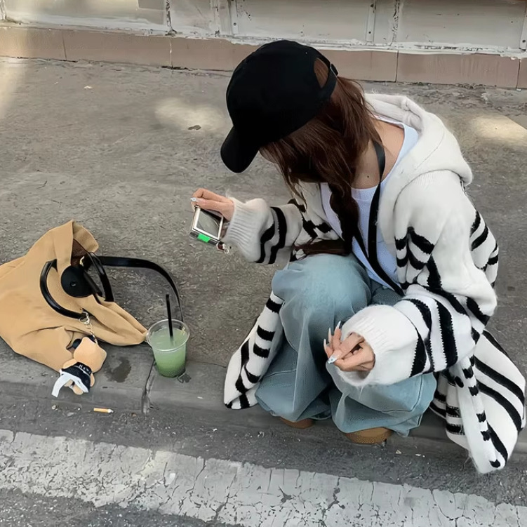 韩系条纹中长款毛衣开衫外套女2025秋冬季慵懒风小众别致针织上衣|undefined