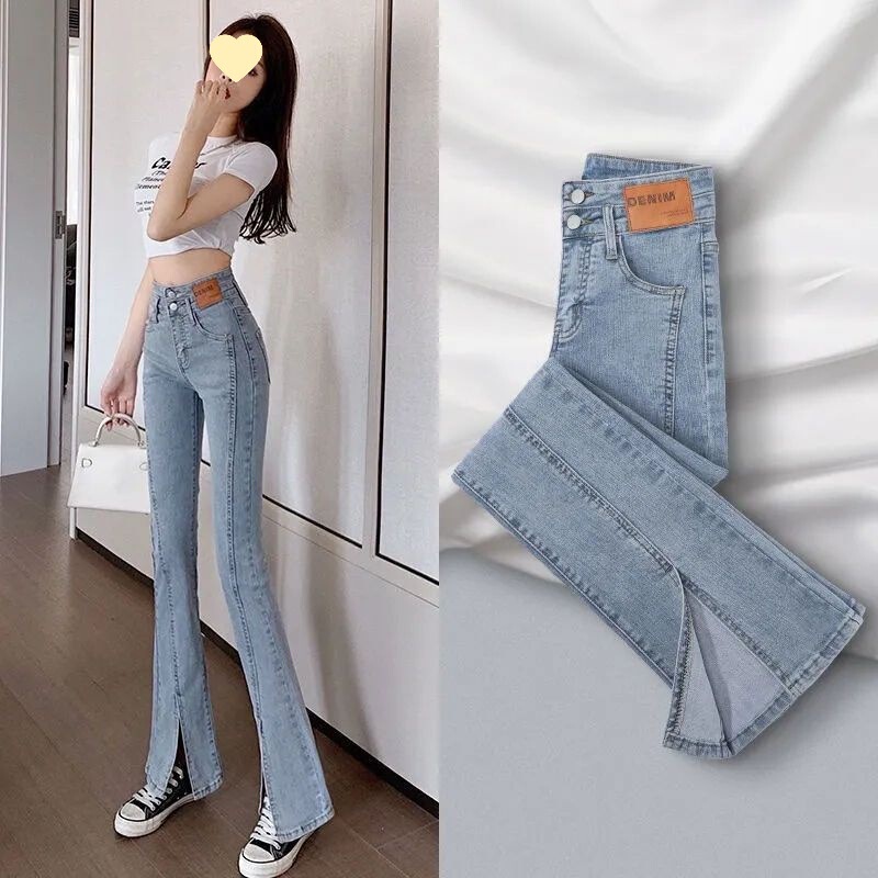 2025 Spring and Autumn Straight-Leg Women's High-Waisted Slimming Flared Pants with Slits New Style Micro-Flared Jeans for Petite Women