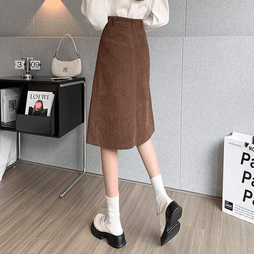 Corduroy half skirt for women in spring and autumn and winter new high-waisted long skirt a-line skirt