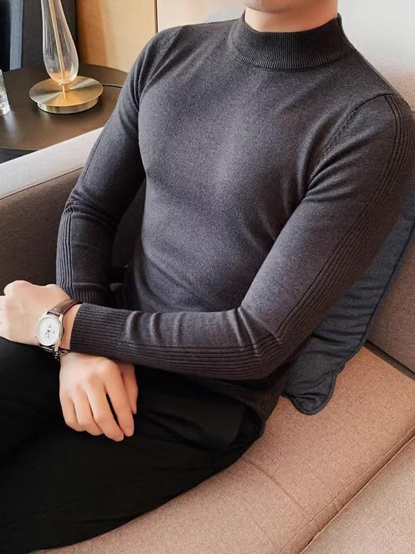 Comercio exterior al por mayor de los hombres a principios de otoño Delgado elástico suéter de Cuello medio SLIM-Fit suéter de rayas de manga de fondo de color sólido