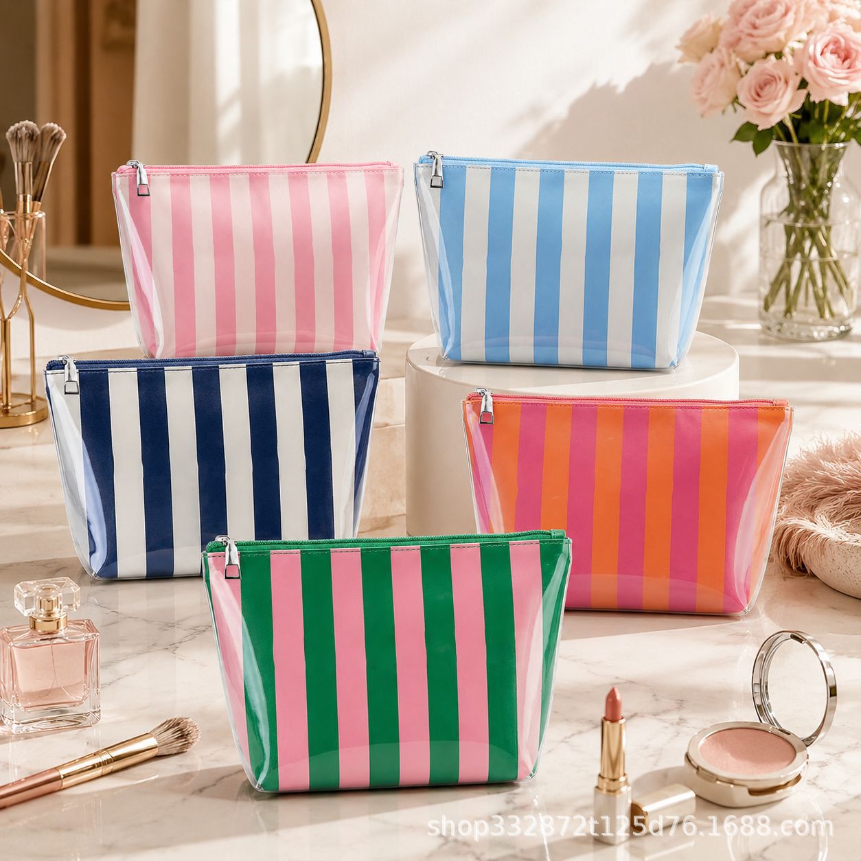 Cross-Border In-Stock Pvc Striped Makeup Bag, Waterproof Macaron Color Large Capacity Clutch Bag, Lightweight Versatile Fashion Trend