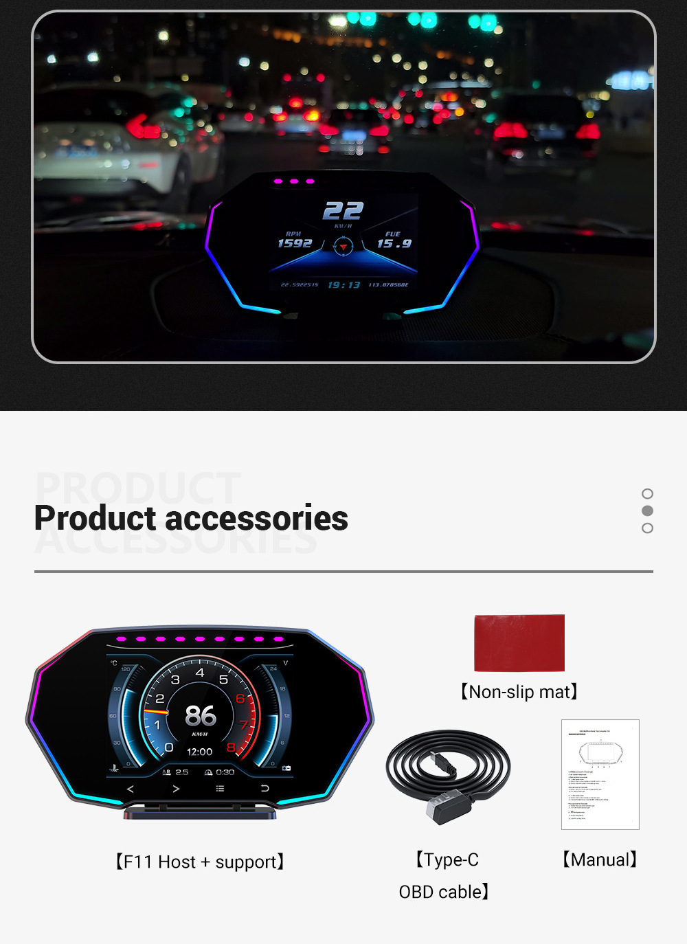 Touchscreen Car HUD Head-Up Display LCD OBD Multifunctional Water Temperature Fuel Consumption GPS Speed Slope Meter F11