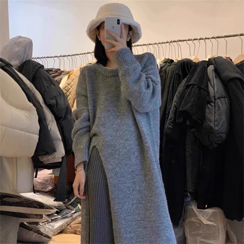 韩风chic设计感复古中长款毛衣长裙秋冬新款开叉圆领针织连衣裙潮|undefined