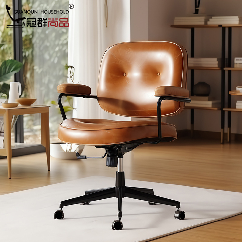 Soft-Packed Light Luxury Swivel Chair, Genuine Leather Computer Chair, Cowhide Home Ergonomic Chair, Desk Chair, Bedroom Chair, Office Chair