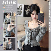 韩系灰色系带长袖针织小开衫女秋季荷叶边甜辣妹纯欲短款打底上衣