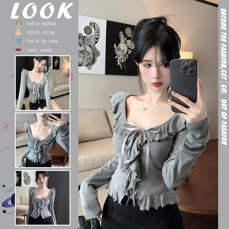 韩系灰色系带长袖针织小开衫女秋季荷叶边甜辣妹纯欲短款打底上衣