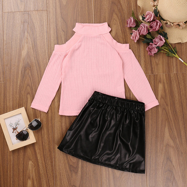 European and American girls' suits new 2022 spring and autumn off-the-shoulder long-sleeved knitted sweaters short leather skirts foreign trade cross-border children's clothing wholesale