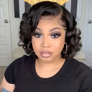 European and American front lace wig black partial short curly hair high temperature silk fluffy chemical fiber large wave curly hair headgear