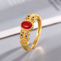 新款小宮雀戒指女開口精工鑲嵌紅玉髓高檔氣質復古中式小紅書同款