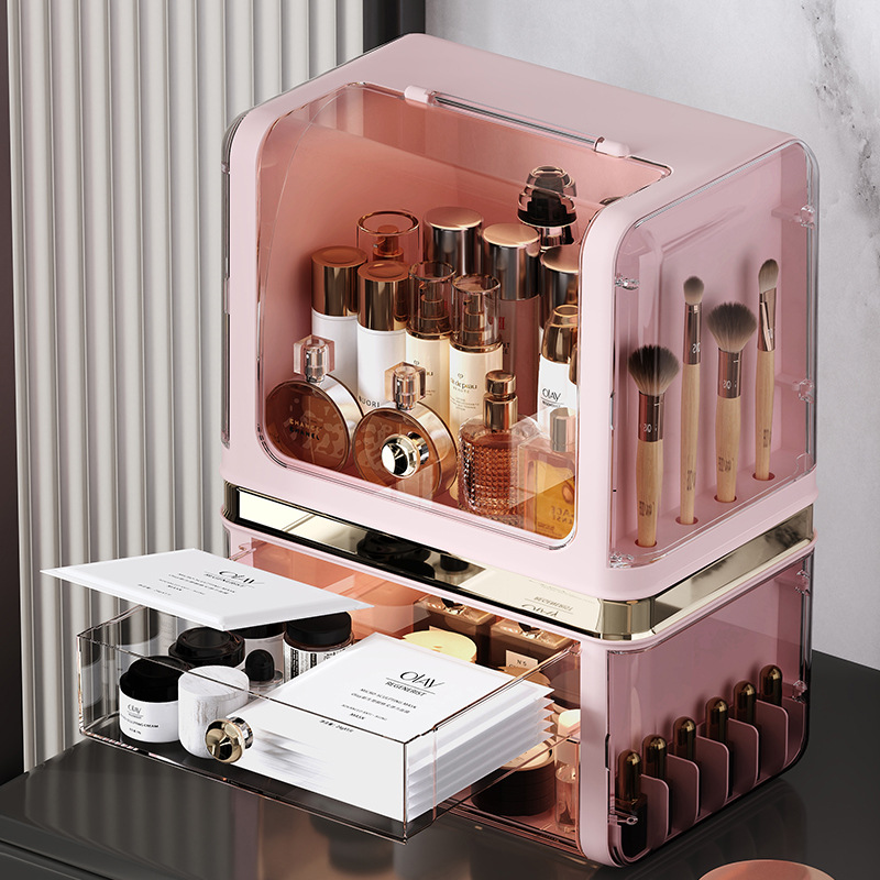 Caja de almacenamiento de cosméticos de escritorio multifuncional dividida en secciones estante de almacenamiento a prueba de polvo tipo cajón máscara de lápiz labial caja de almacenamiento