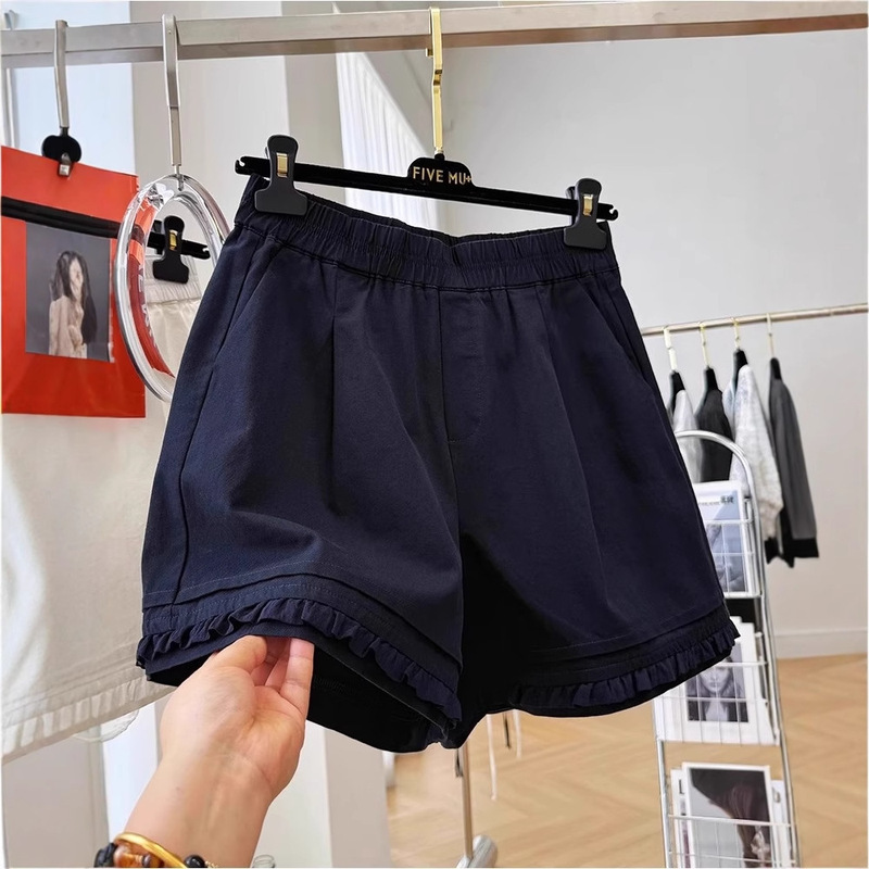 Clearance Sale at the Mall ~ Navy Blue Ruffled Shorts for Women, Slimming, Elastic Waist, Wide-Leg A-Line Hot Pants for Summer
