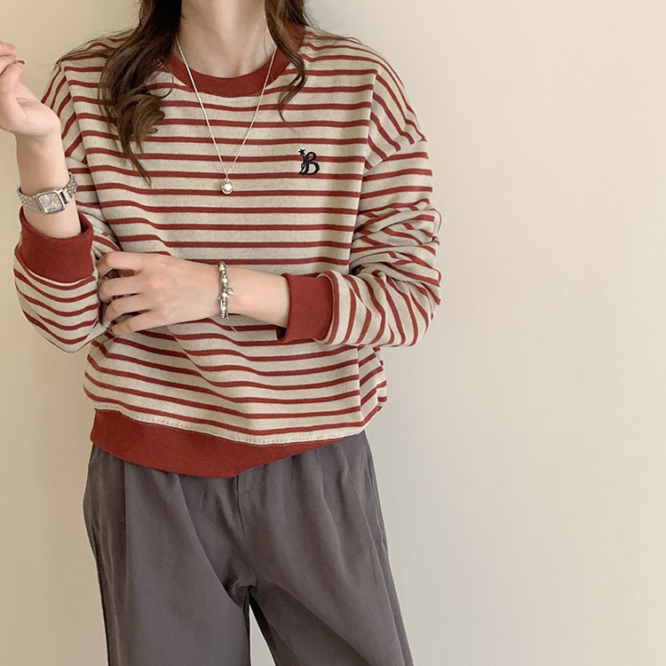 Embroidered Letter Contrast Striped Crew Neck Sweatshirt for Women, Pure Cotton Jacket, Autumn Petite High-Waisted Loose Short Top