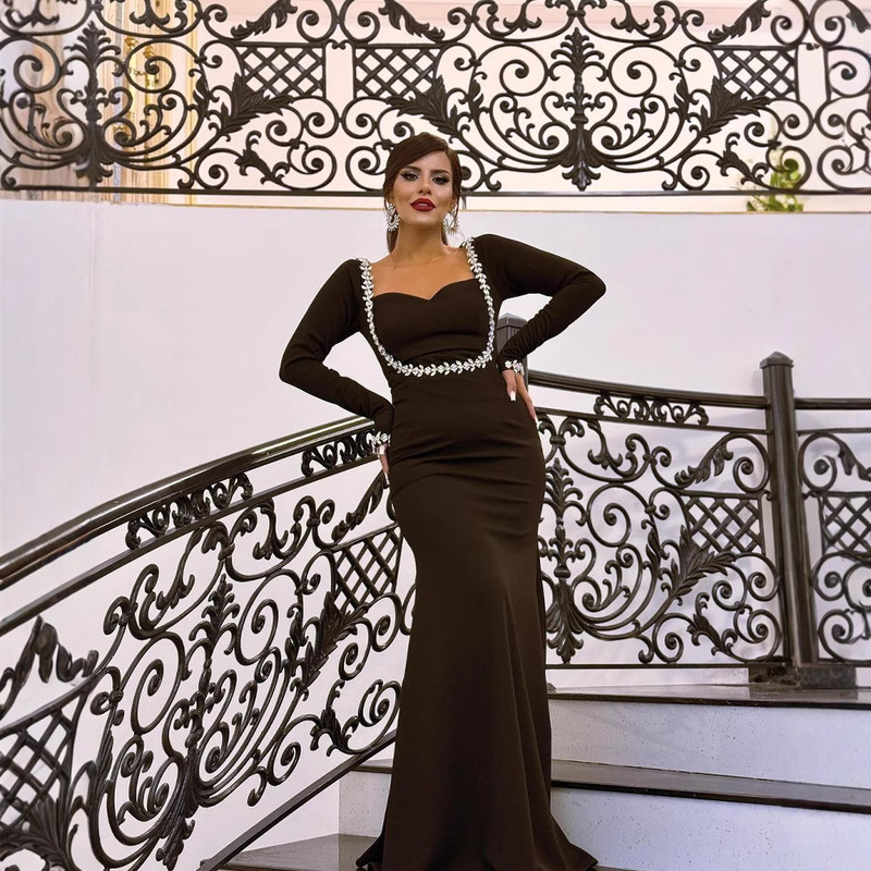 in stock Heavy Industry European and American Women's Wear Slim-fit Slimming Diamond-studded Long-sleeved High-waist Fishtail Skirt Annual Meeting Ball Bandage Evening Dress in stock Heavy Industry European and American Women's Wear Slim-fit Slimming Diamond-studded Long-sleeved High-waist Fishtail Skirt Annual Meeting Ball Bandage Evening Dress