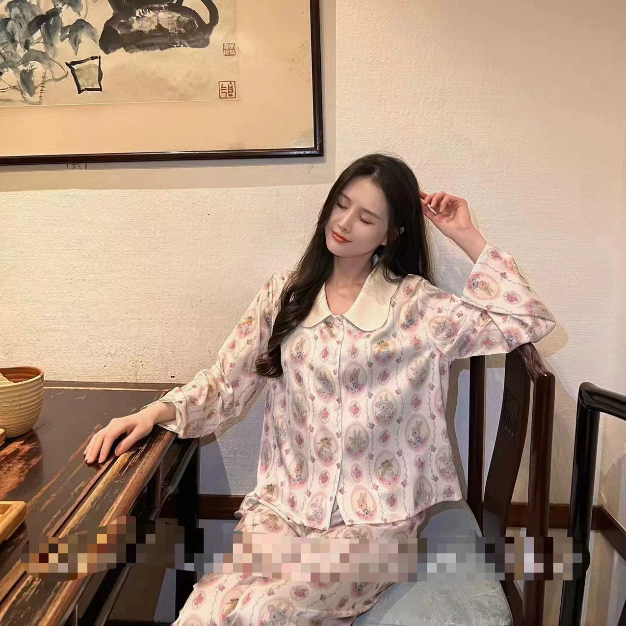 Пасторальная Пижама с кроликом, Женский костюм из ледяного шелка, осень и зима, новый Шелковый комплект из двух предметов с длинными рукавами, сладкая весенне-летняя домашняя одежда