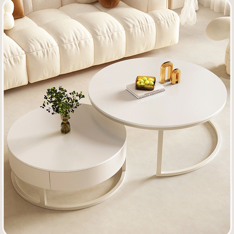 纯白岩板奶油风茶几客厅家用轻奢现代简约高端小户型圆形岩板茶桌