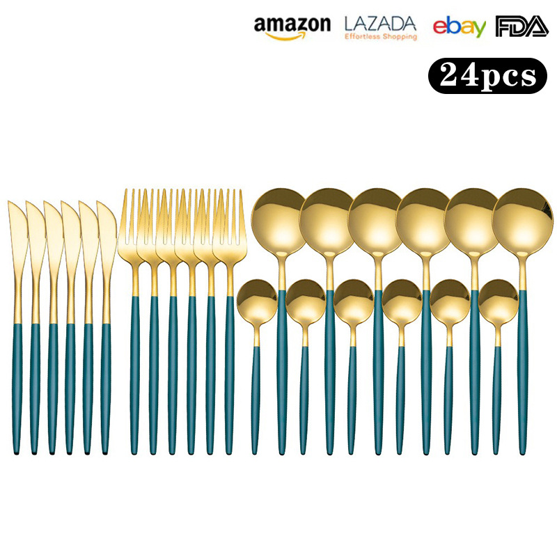 Transfronterizo de Amazon 24 piezas de acero inoxidable traje de vajilla Portugués Occidental cuchillo de carne, tenedor y cuchara de titanio chapado en oro cuchara