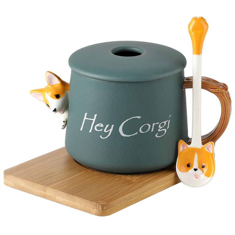 Cerámica creativa animal lindo taza con tapa cuchara hogar pareja hombres y mujeres taza de café Corgi regalo