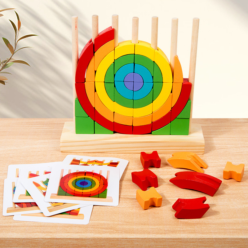 Triángulo de madera para niños, anillo circular, arco iris, bloques de construcción de variedad, rompecabezas de educación temprana Montessori creativos, conjunto de rompecabezas, juguetes de columna
