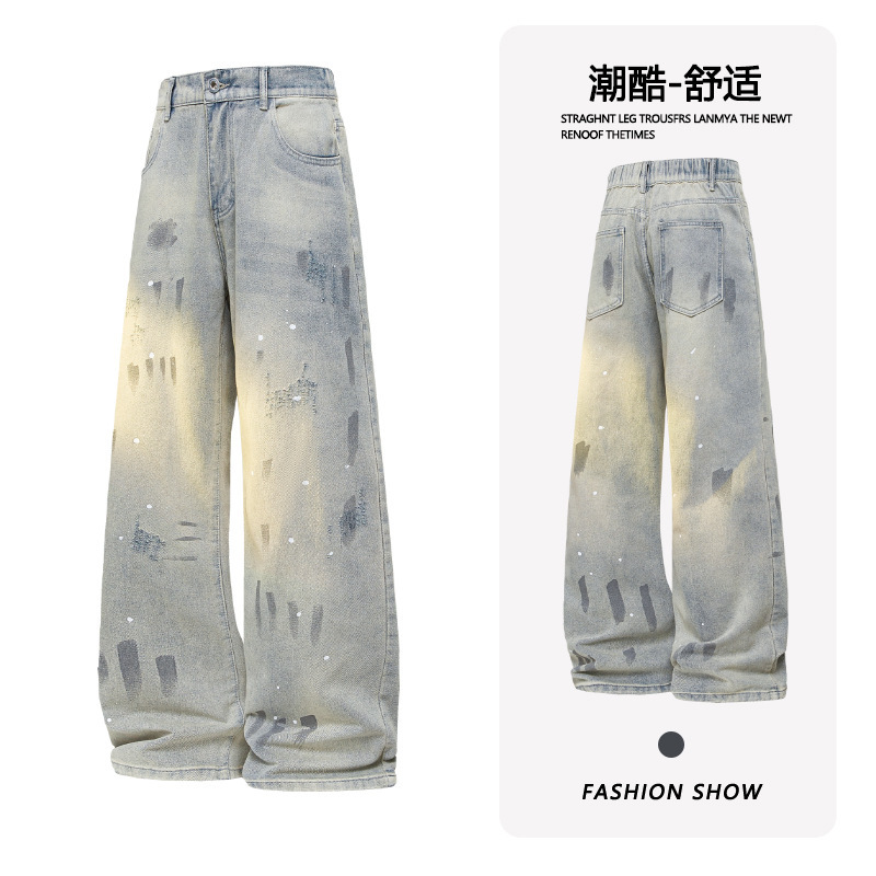 Retro Splash-Ink Paint Dot Jeans for Men and Women, Autum American High Street Fashion Brand Cleanfit Loose Casual Pants