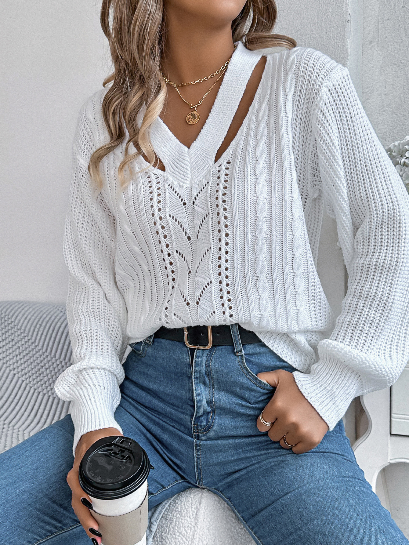 Women's V Neck Pullover Sweater Knitted Lantern Sleeve Top_voghion.com