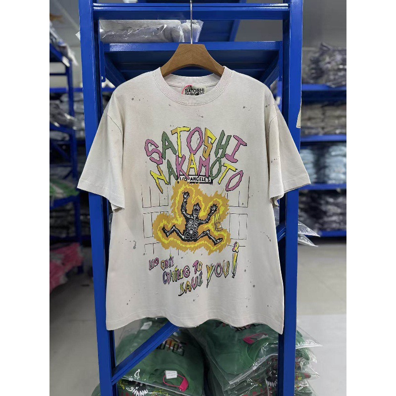 Satoshi Nakamoto American Retro Printed Short-Sleeved T-Shirt for Men and Women, Loose-Fitting, Distressed High Street Fashion Brand Top
