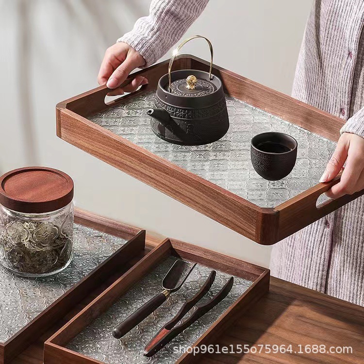 复古黑胡桃木海棠花玻璃托盘家用客厅易清洗带把手收纳盘