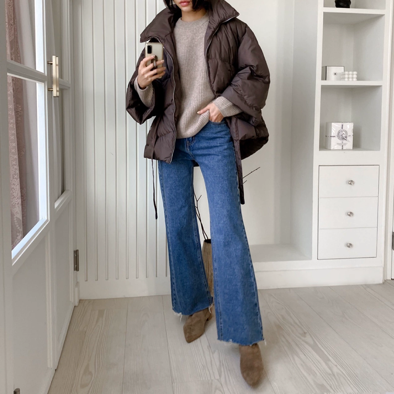 Winter short colored jacket with zipper, high collar, drawstring, increased thickness, wholesale