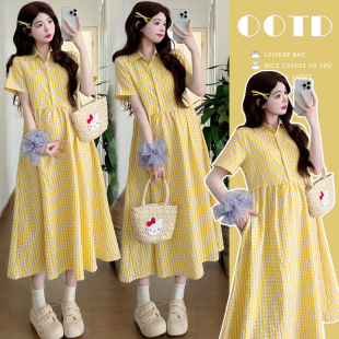 Actual Shot of 2025 Summer New Korean Style Age-Reducing Lapel Small Fresh Yellow Plaid Dress
