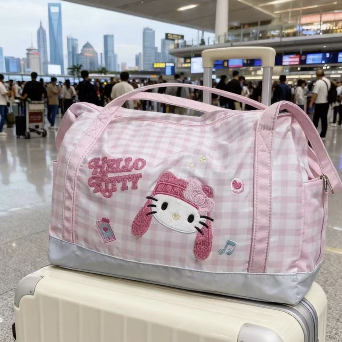 New Pink Plaid Hellokitty Large-Capacity Travel Bag for Women, Cute Cartoon Fitness Bag with Shoulder Strap and Handle