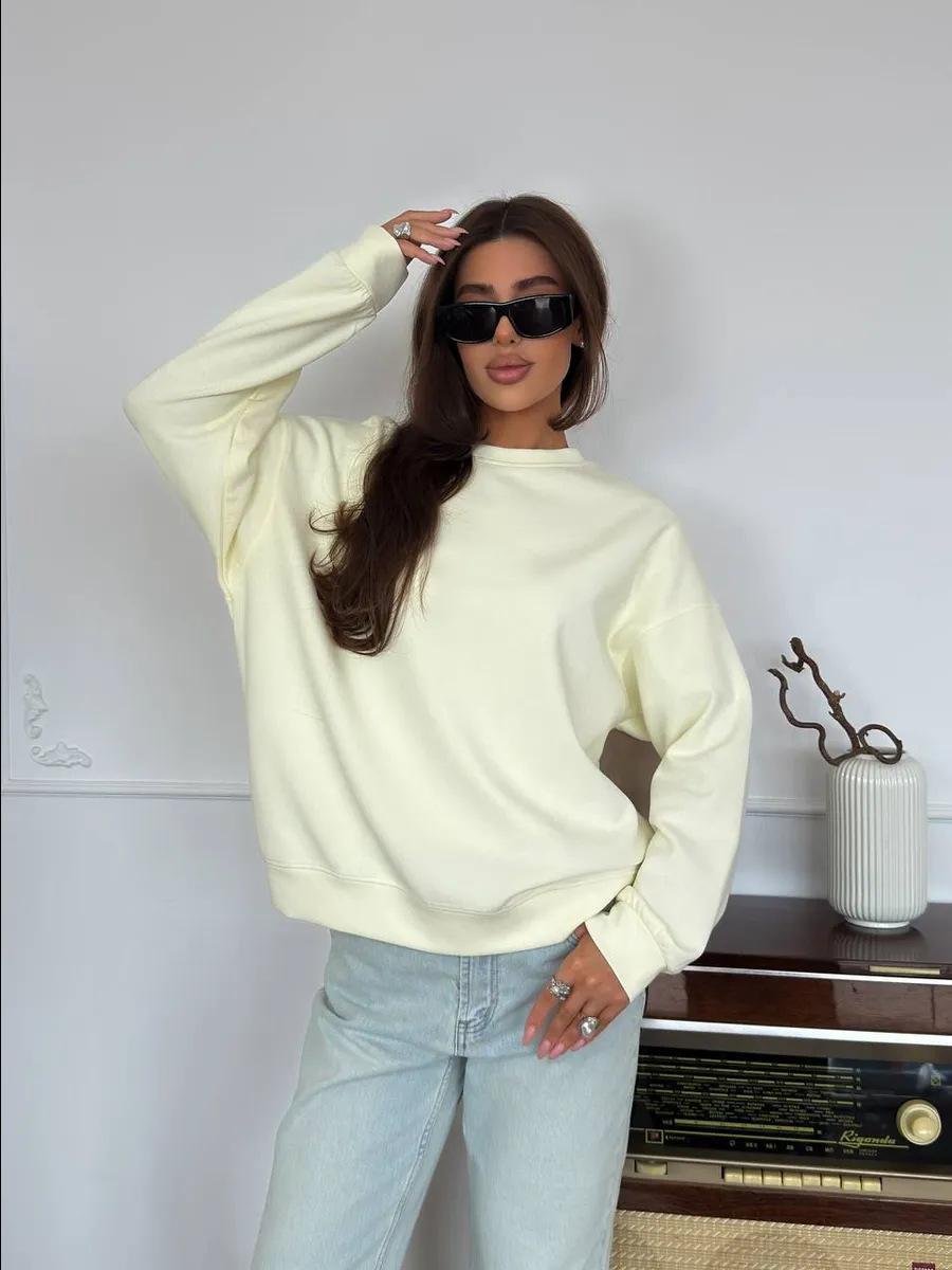 Autumn and Winter European and American Style Simple and Elegant Solid Color Plain Loose Versatile Fleece-Lined Thickened Crew Neck Sweatshirt Outerwear