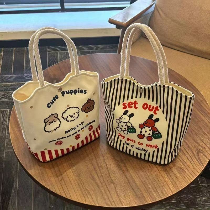 New cartoon canvas bucket bag for women, cute shoulder handbag, large-capacity tote bag for commuting