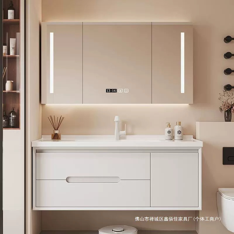 2025橡木烤漆奶油风陶瓷一体盆浴室柜组合卫生间洗漱洗手盆洗脸盆