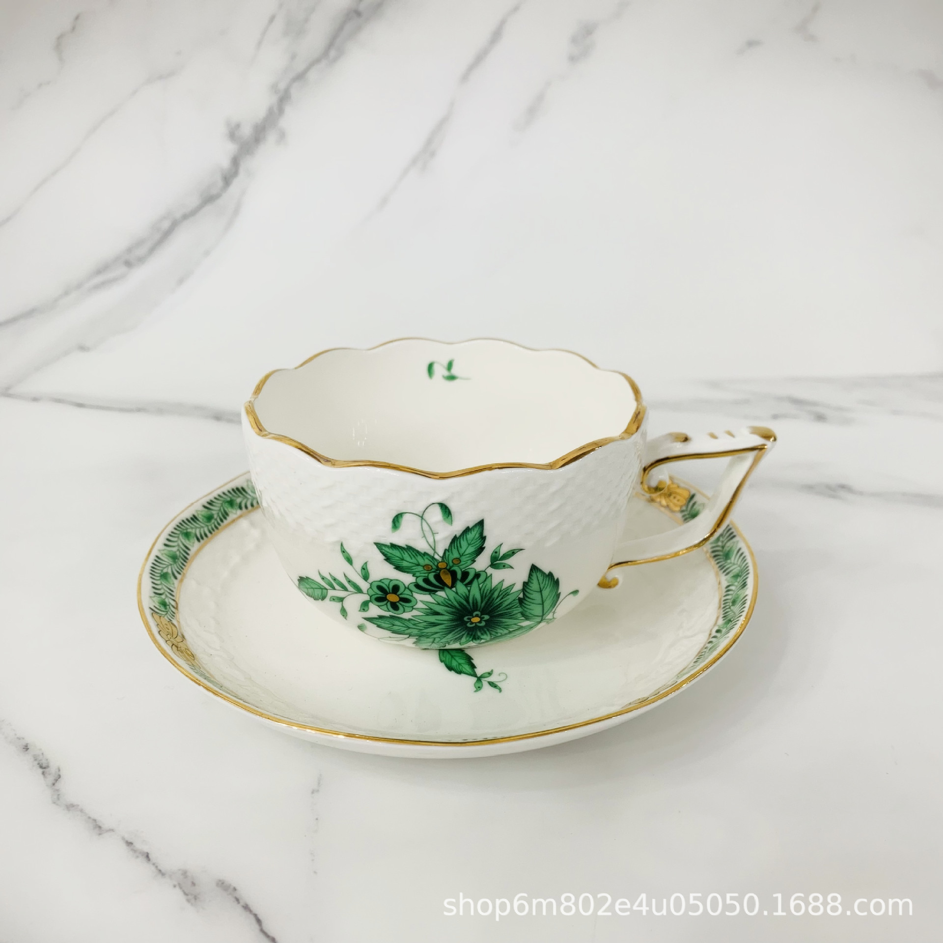 짠 녹색 잎 컵과 접시 (220ml 컵 12.1*9*5.5cm 플레이트 14.7*14.7*2.1cm)