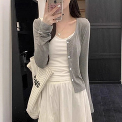 简约百搭灰色修身显瘦外套针织开衫长袖女2025早秋慵懒感外搭上衣