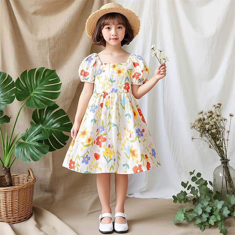Girls' Cotton Silk Puff Sleeve Dress 2025 Summer New Thin Cool Loose Floral Dress for Older Children Stylish