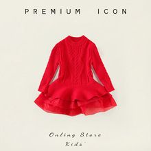 女童红色网纱拼接连衣裙2025秋冬新款中小童欧美风长袖针织裙代发