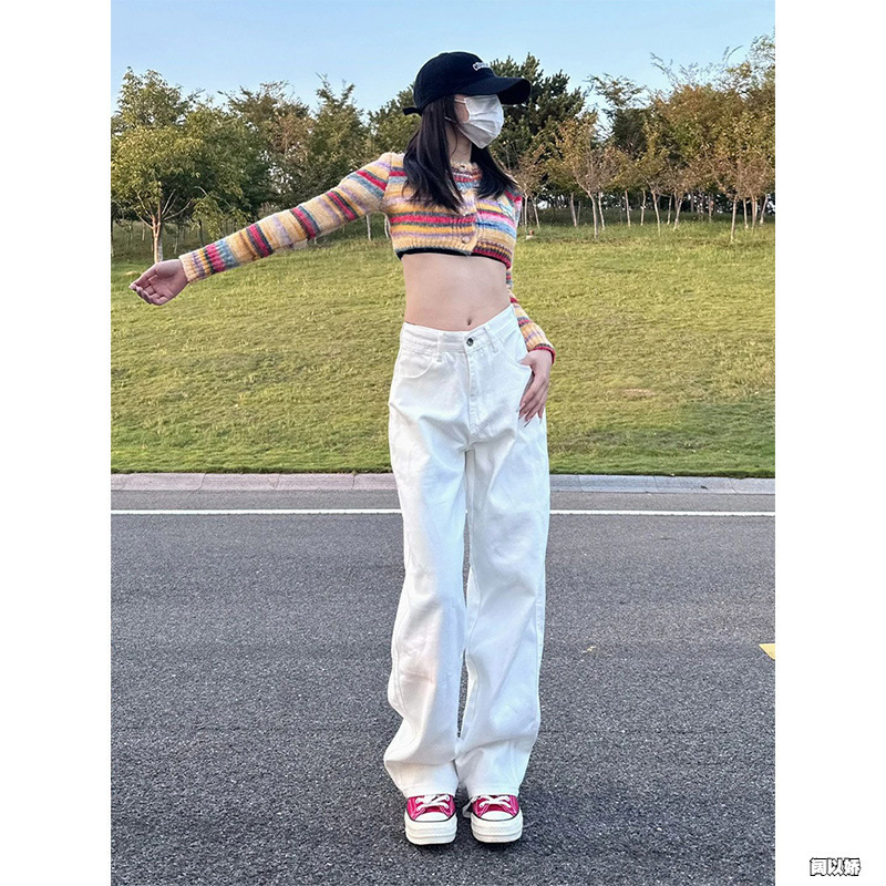 White High-Waisted Wide-Leg Jeans for Women, Guangzhou Supply, Spring and Autumn Style, Petite, Loose, Slimming, Drapey, Straight Narrow Version