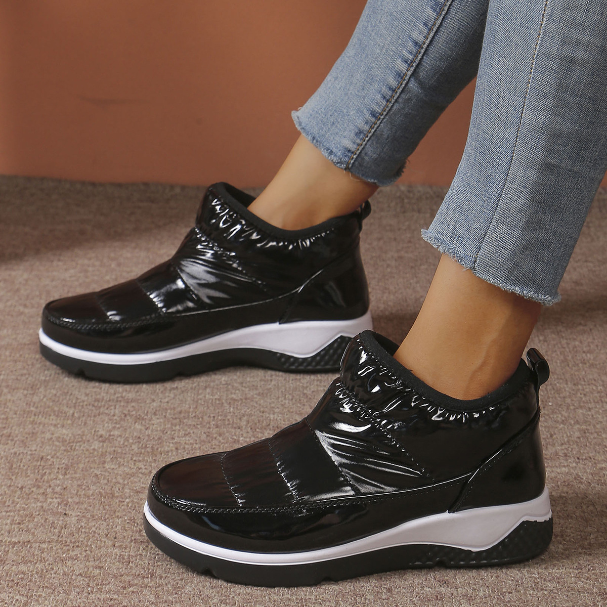 Pantofi de damă din catifea și bumbac, cizme de zăpadă groase pentru femei, mărime mare, vârf rotund, croi mediu, pantofi de bumbac călduroși cu talpă groasă_voghion.com