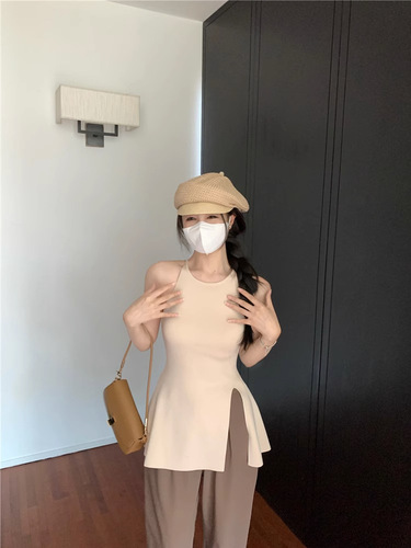 Pure lust style knitted chic camisole women's  summer outer wear slim fit slit sleeveless sweet and spicy top trendy