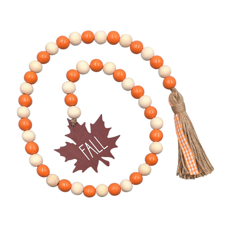 Thanksgiving Maple Leaf Tag Hemp Rope Tassel Beaded Creative Wooden Bead String DIY Home Pendant