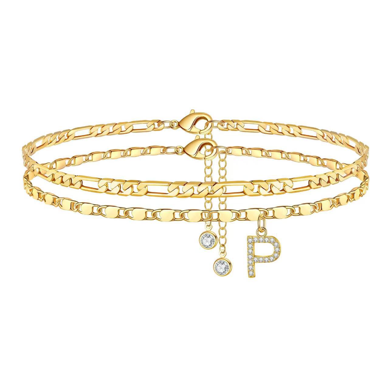 14k Gold Plated Layered Figaro Chain Anklet Set With Cz Initials_voghion.com