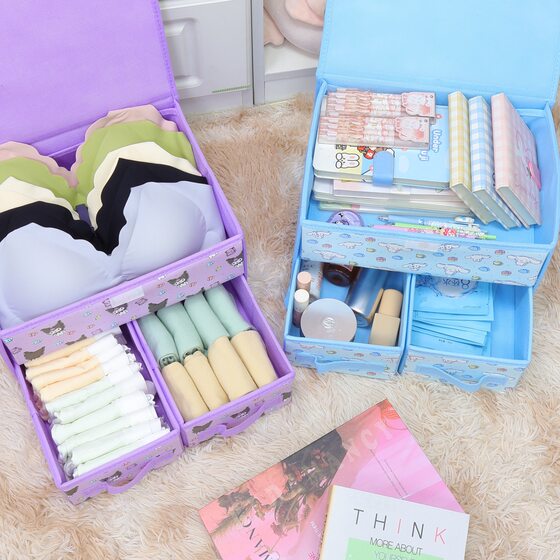 Cartoon fabric underwear storage box double drawer bra socks stationery with lid organizing box foldable storage box