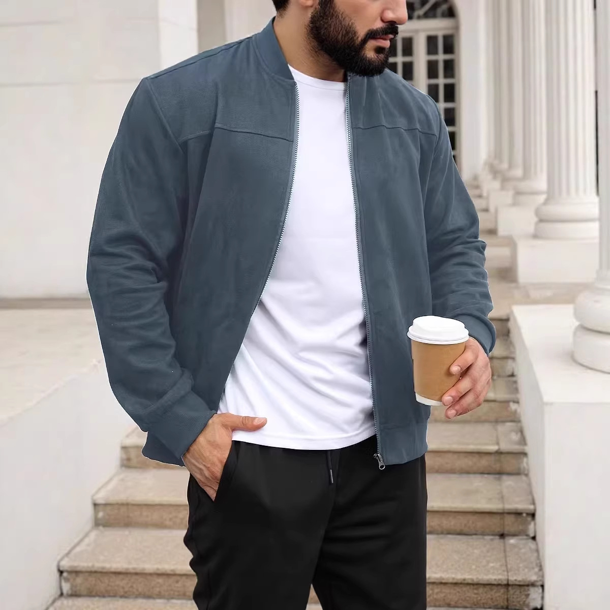 Leichte Herrenjacke in Wildlederoptik – Stilvoller, lässiger Reißverschlussmantel für urbanen Look | Schmale Passform, Stehkragen, verschiedene Farben_voghion.com