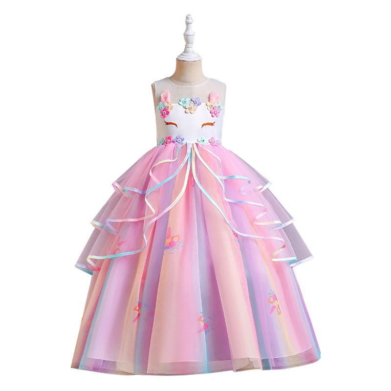 Vestidos para niñas europeas y americanas, vestidos de princesa para niñas, vestidos de tul esponjosos, vestidos de niña de las flores con diseño de unicornio para primer cumpleaños, vestidos infantiles transfronterizos para festivales.