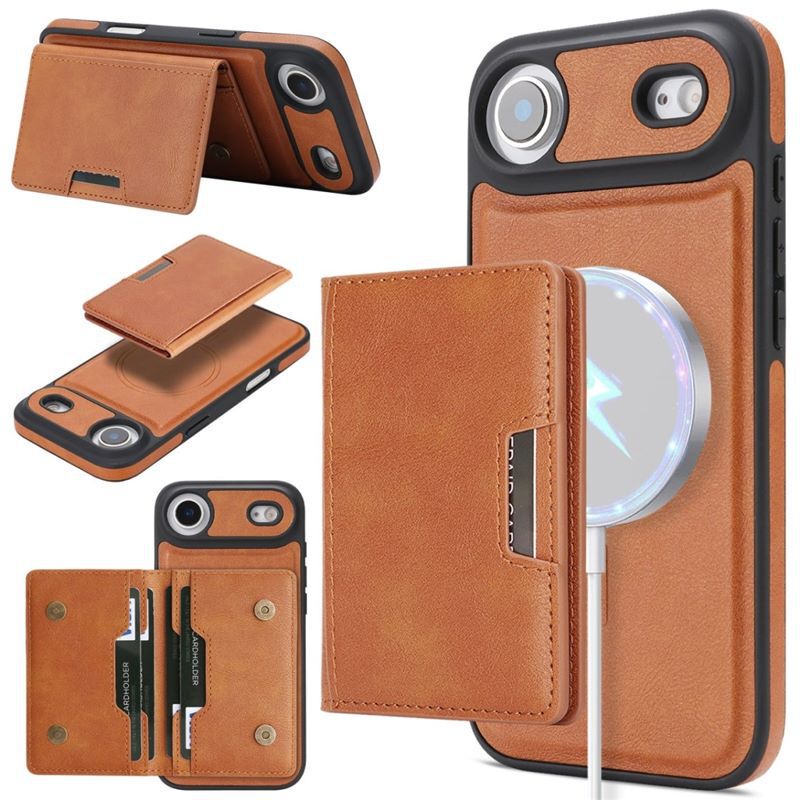 Apple 17 Mobile Phone Case High-End Side Leather Inner Shell Flocking iPhone 16 Protective Cover 15 Magnetic Stand Card Holder