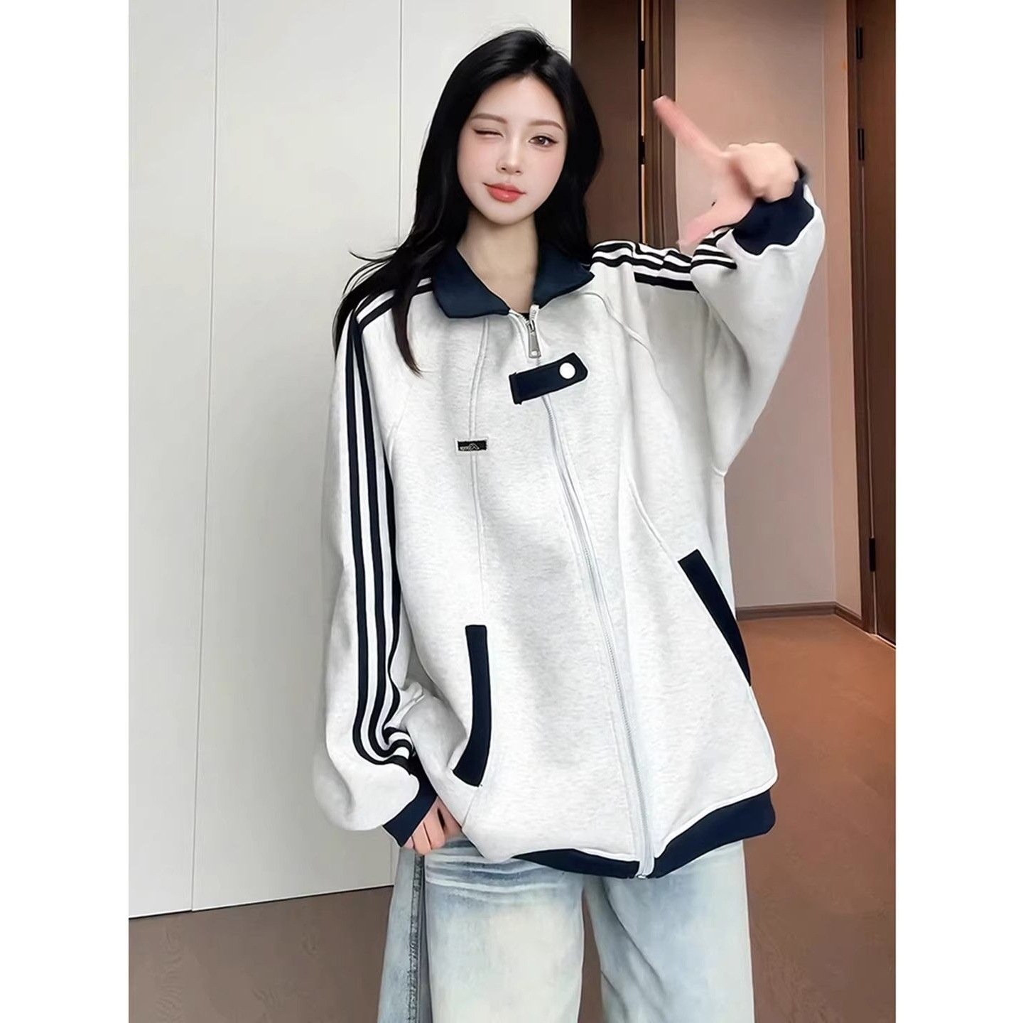 [Heavyweight Cotton Composite] New Spring/Autumn Trendy Casual Jacket for Men and Women, High Street Stand Collar Striped Baseball Jacket