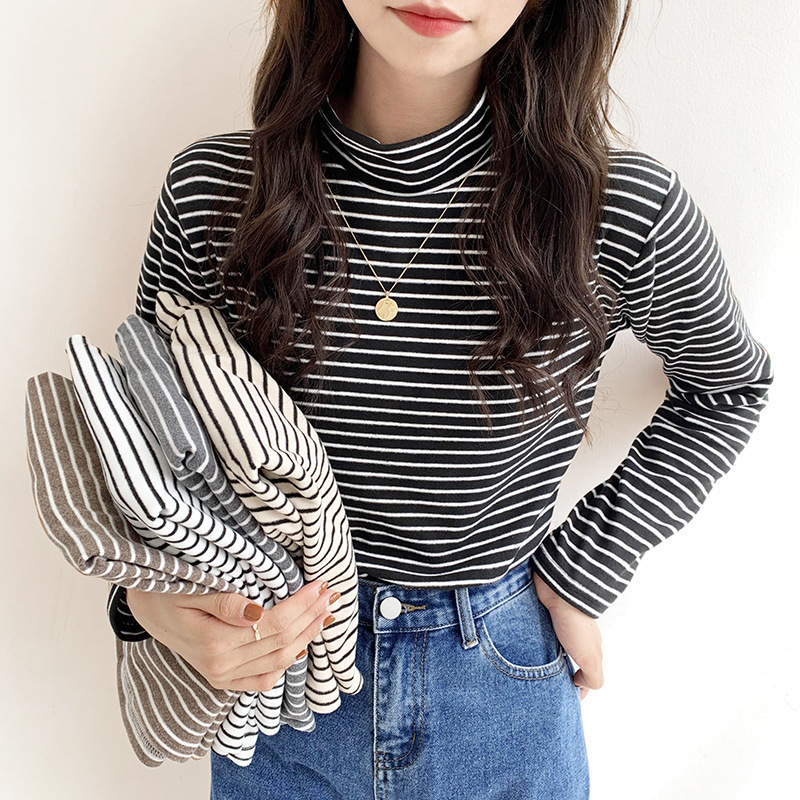 Double-Sided Fleece Striped Shoulder Base Shirt Women's Loose Half-High Collar Autumn and Winter Fashionable Korean Style Warm Top Long-Sleeved T-Shirt